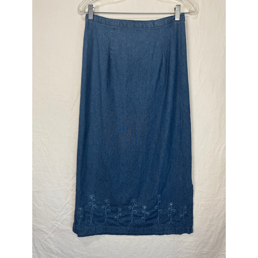 Jaclyn Smith Sport Vintage 90s Denim Long Skirt Embroidered Floral Blue Medium - Picture 3 of 10
